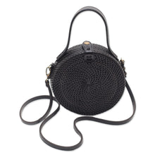 Load image into Gallery viewer, Black Round Woven Bamboo Shoulder Bag or Handbag - Pitch Black | NOVICA