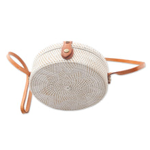 Load image into Gallery viewer, White Flower Pattern Round Woven Bamboo Shoulder Bag - White Flower | NOVICA