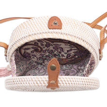 Load image into Gallery viewer, White Flower Pattern Round Woven Bamboo Shoulder Bag - White Flower | NOVICA