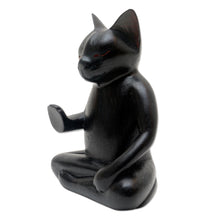 Load image into Gallery viewer, Wood Statuette of Black Cat Meditating - Black Cat Meditates | NOVICA