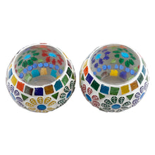 Load image into Gallery viewer, Pair of Colorful Round Mosaic Tealight Candleholders - Floral Illumination | NOVICA
