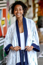 Load image into Gallery viewer, White and Indigo Blue Rayon Kimono from Bali - Tropical Rain | NOVICA