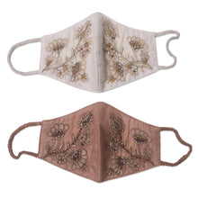 Load image into Gallery viewer, 2 Beaded Embroidered Cotton Face Masks in Tan and Ivory - Glamorous Tan and Ivory | NOVICA