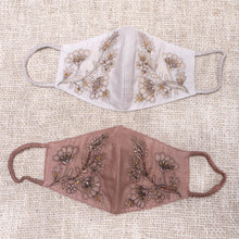 Load image into Gallery viewer, 2 Beaded Embroidered Cotton Face Masks in Tan and Ivory - Glamorous Tan and Ivory | NOVICA