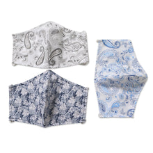 Load image into Gallery viewer, 3 Contoured Blue & Grey Print Double Cotton Masks - Pretty Prints and Paisley | NOVICA