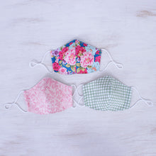Load image into Gallery viewer, 3 Handmade Floral & Gingham Cotton Masks with Filter Pockets - Happy Spirit | NOVICA