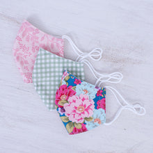 Load image into Gallery viewer, 3 Handmade Floral & Gingham Cotton Masks with Filter Pockets - Happy Spirit | NOVICA