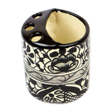 Load image into Gallery viewer, Black and White Hand Painted Ceramic Toothbrush Holder - Monochrome Flowers | NOVICA