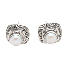 Load image into Gallery viewer, Cultured Pearl and Sterling Silver Button Earrings - Leaves of Bamboo in White | NOVICA