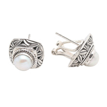 Load image into Gallery viewer, Cultured Pearl and Sterling Silver Button Earrings - Leaves of Bamboo in White | NOVICA
