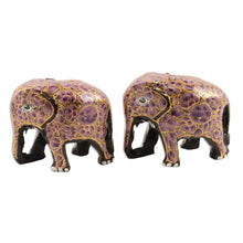 Load image into Gallery viewer, Purple and Gold Floral Papier Mache Elephants (Pair) - Purple Flower Friends | NOVICA