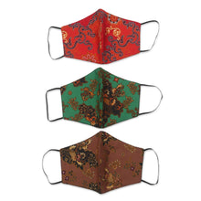 Load image into Gallery viewer, 1 Red-1 Green-1 Sepia-2-Layer Contoured Cotton Masks - Bright Beauty | NOVICA