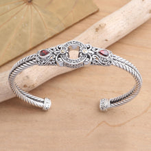 Load image into Gallery viewer, Sterling Silver and Garnet Cuff Bracelet from Bali - Fiery Gate | NOVICA