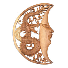 Load image into Gallery viewer, Hand Carved Wood Relief Wall Panel Moon and Dragon - Dragon Crescent | NOVICA