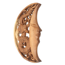 Load image into Gallery viewer, Hand Carved Wood Relief Wall Panel Moon and Dragon - Dragon Crescent | NOVICA