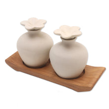 Load image into Gallery viewer, Hand Made Ceramic and Teak Wood Bathroom Set - Blooming Frangipani | NOVICA