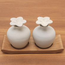 Load image into Gallery viewer, Hand Made Ceramic and Teak Wood Bathroom Set - Blooming Frangipani | NOVICA