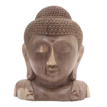 Load image into Gallery viewer, Hand Carved Hibiscus Wood Buddha Sculpture - Buddha Bust | NOVICA