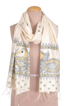 Load image into Gallery viewer, Hand Woven Peacock Fringed Silk Scarf from India - Peacock Friends | NOVICA