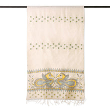 Load image into Gallery viewer, Hand Woven Peacock Fringed Silk Scarf from India - Peacock Friends | NOVICA