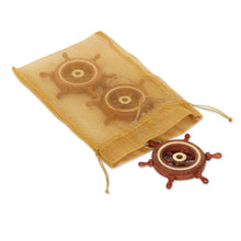 Load image into Gallery viewer, Set of 3 Wood Ship's Wheel Ornaments - Ahoy | NOVICA