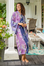 Load image into Gallery viewer, Hand-Stamped Purple and Navy Rayon Robe - Lilac Star | NOVICA