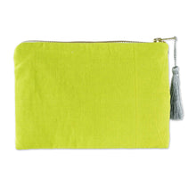 Load image into Gallery viewer, Sun Motif Embroidered Chartreuse Cotton Cosmetic Bag - Golden Lime Sunshine | NOVICA
