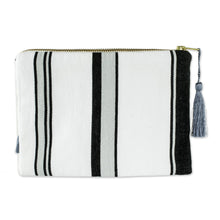 Load image into Gallery viewer, Black & Grey Embroidered White Cotton Cosmetic Bag - Monochrome Zigzags | NOVICA