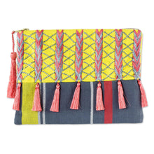 Load image into Gallery viewer, Pink and Yellow Embroidered Grey Cotton Cosmetic Bag - Pink Zigzags | NOVICA