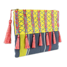 Load image into Gallery viewer, Pink and Yellow Embroidered Grey Cotton Cosmetic Bag - Pink Zigzags | NOVICA