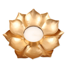 Load image into Gallery viewer, Gold Finish Steel Lotus Blossom Tealight Candleholder - Golden Lotus Glow | NOVICA
