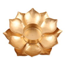 Load image into Gallery viewer, Gold Finish Steel Lotus Blossom Tealight Candleholder - Golden Lotus Glow | NOVICA