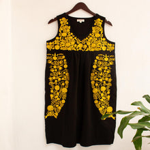 Load image into Gallery viewer, Hand Embroidered Yellow & Black Cotton Oaxaca Style Dress - Golden Midnight Oaxaca Blossom | NOVICA