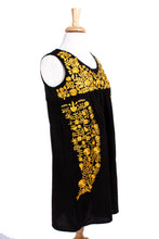 Load image into Gallery viewer, Hand Embroidered Yellow & Black Cotton Oaxaca Style Dress - Golden Midnight Oaxaca Blossom | NOVICA