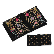 Load image into Gallery viewer, Floral Embroidered Jewelry Rolls from India (Pair) - Magical Midnight | NOVICA