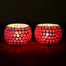 Load image into Gallery viewer, Red Star Glass Mosaic Tealight Holders (Pair) - Burning Stars | NOVICA