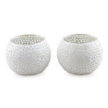 Load image into Gallery viewer, White Star Glass Mosaic Tealight Holders (Pair) - Festive Stars | NOVICA