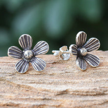 Load image into Gallery viewer, Hand Crafted Sterling Silver Floral Button Earrings - Striped Flowers | NOVICA