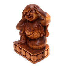 Load image into Gallery viewer, Hand Made Suar Wood Buddha Sculpture - Hear No Evil | NOVICA