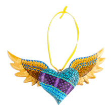 Load image into Gallery viewer, Alebrije Winged Heart Copal Wood Ornament from Mexico - Winged Turquoise Heart | NOVICA