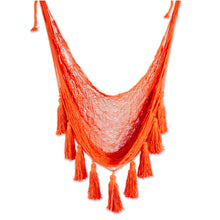 Load image into Gallery viewer, Orange Tasseled Cotton Rope Mayan Hammock Swing from Mexico - Ocean Seat in Orange | NOVICA