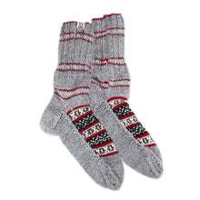 Load image into Gallery viewer, Thick Slipper Style Hand-Knit Calf-Length Grey Winter Socks - Winter Festivity | NOVICA