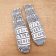 Load image into Gallery viewer, Fair Trade Hand-Knit Thick Slipper Style Grey & White Socks - Himalayan Stars | NOVICA