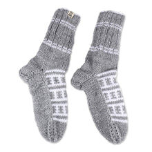 Load image into Gallery viewer, Fair Trade Hand-Knit Thick Slipper Style Grey & White Socks - Himalayan Stars | NOVICA