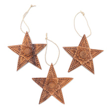 Load image into Gallery viewer, Hand Carved Star-Shaped Holiday Ornaments (Set of 3 - Sunny Christmas | NOVICA
