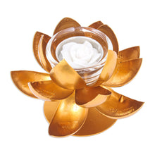 Load image into Gallery viewer, Steel and Gold Foil Lotus Tealight Holder - Lovely Lotus | NOVICA