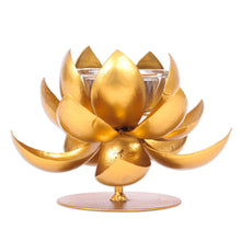 Load image into Gallery viewer, Steel and Gold Foil Lotus Tealight Holder - Lovely Lotus | NOVICA