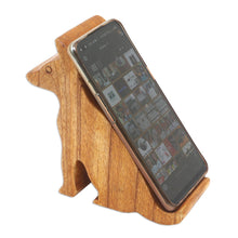 Load image into Gallery viewer, Hand Carved Jempinis Wood Phone Stand - Dialing Dog | NOVICA