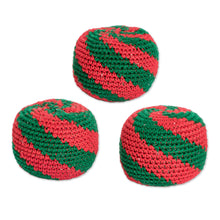 Load image into Gallery viewer, Set of 3 Handcrafted Cotton Hacky Sacks in Emerald and Red - Emerald Fun | NOVICA