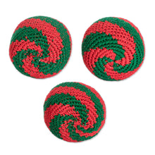 Load image into Gallery viewer, Set of 3 Handcrafted Cotton Hacky Sacks in Emerald and Red - Emerald Fun | NOVICA